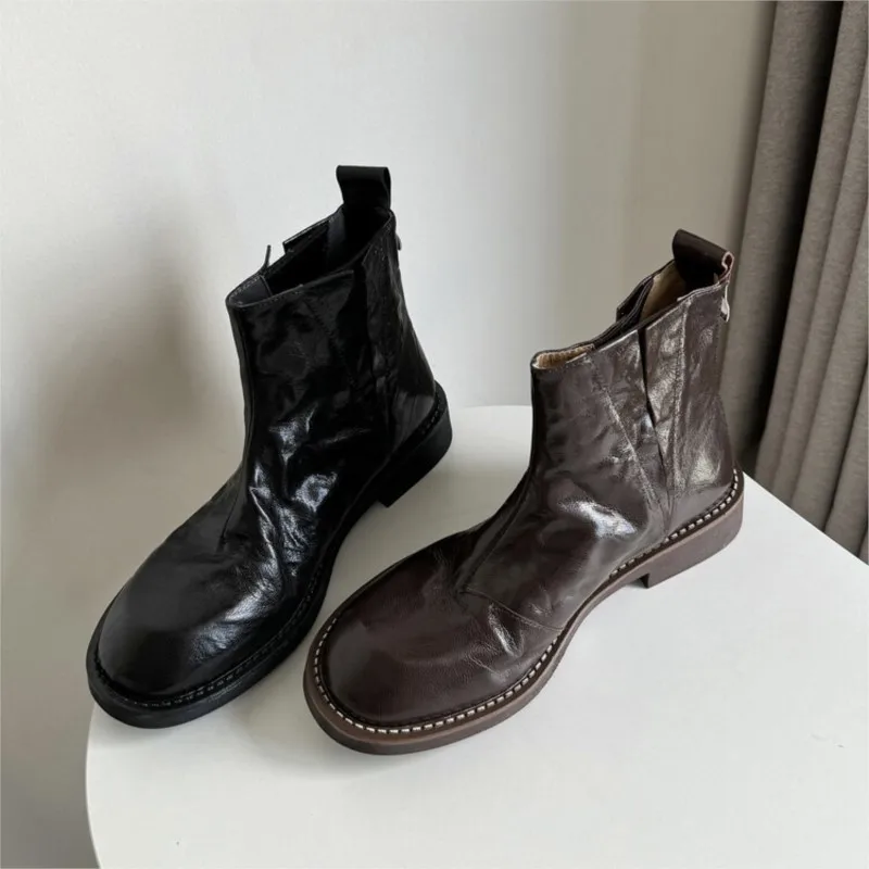 Full Leather Square Heel Round Toe Sheepskin Vintage Flat Boots Boots One Foot Stirrup Zapatos Para Mujeres Botas Botines