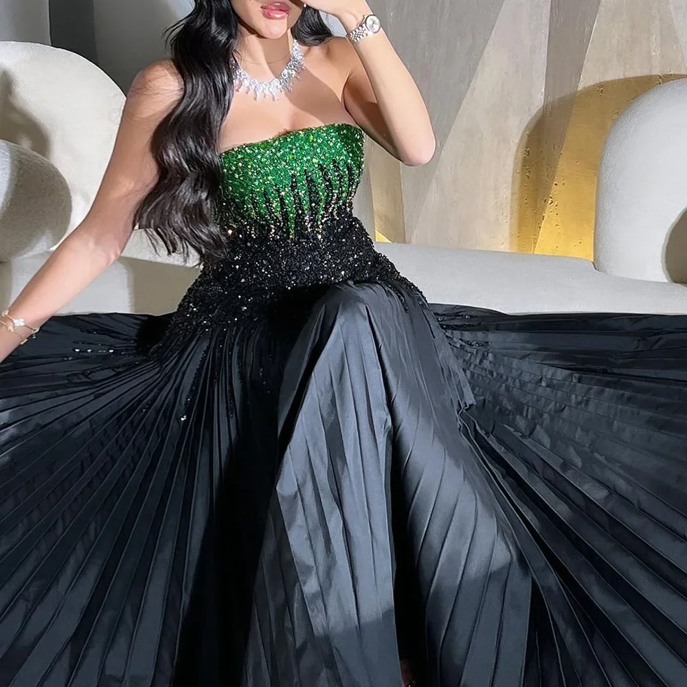 Vestido de noite com lantejoulas no tornozelo feminino, Preto, Verde, Sem Alças, Sem mangas, Elegante, Linha A, Drapeado, Ocasião formal, Bonita, 2024