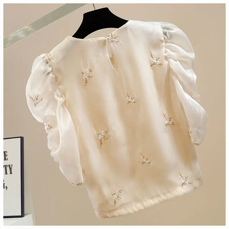 Summer Women Retro Beaded Embroidery Blouse Elegant Fashion Gauze Puff Sleeve Shirt Female O Neck Chic Sweet Tops Casual Blusas