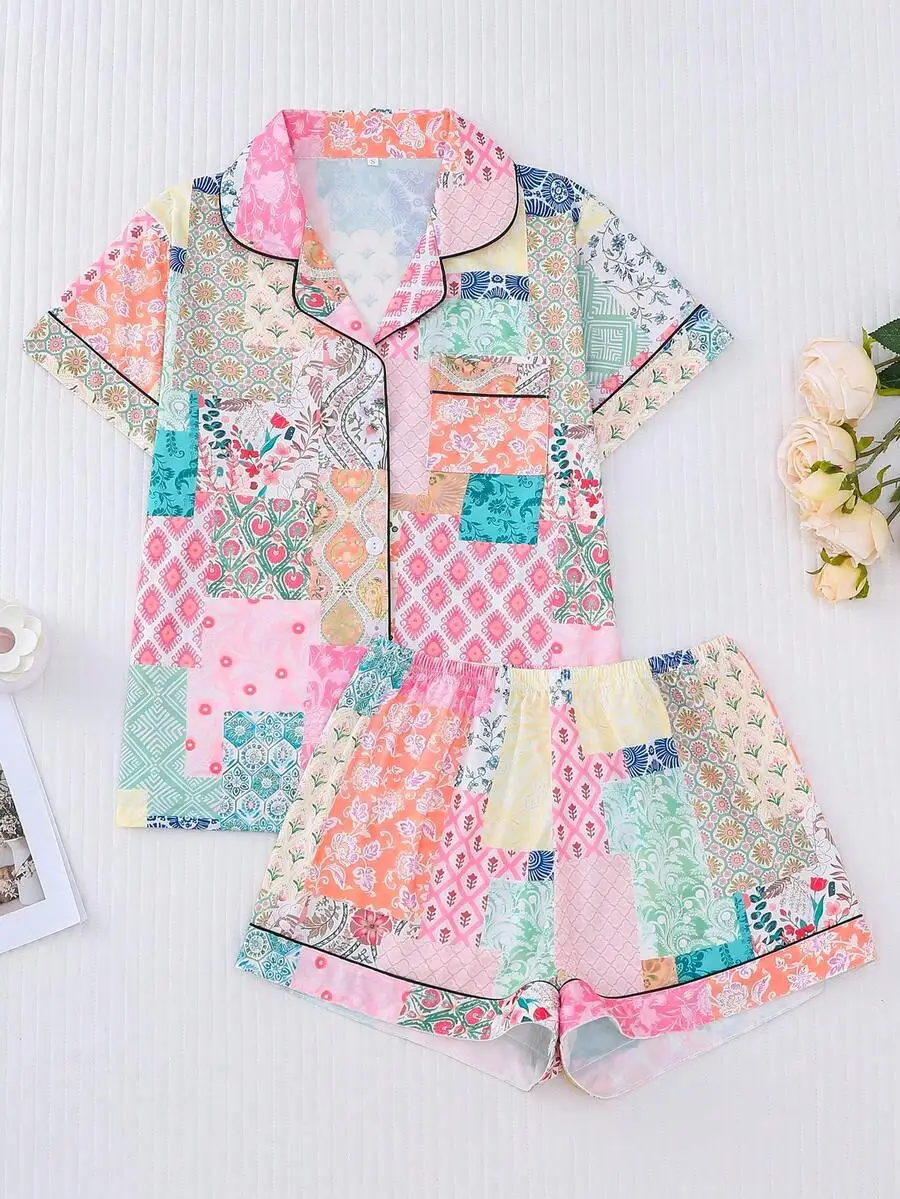 

Womens Floral Patchwork Pajama Set Short Sleeve Shirt Collar Top And Elastic Waist Shorts Spring Summer