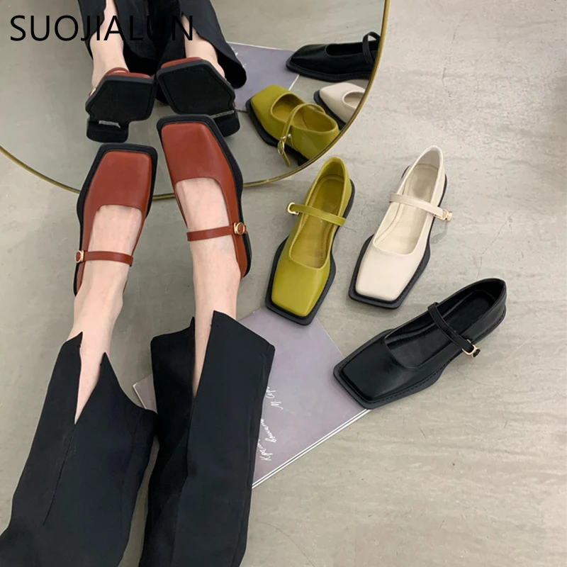 SUOJIALUN 2022 Autumn  Flat Heel Women Loafer Shoes Fahion Square Toe Slip On Shallow Ballerina Shoes Female Ballet Zapatos Muje