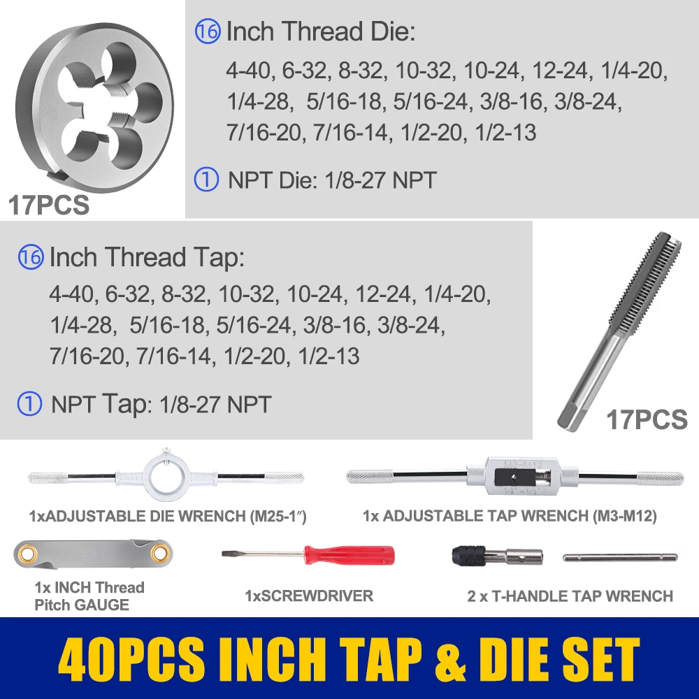 Zestaw gwintowników i narzynek CMCP 8/20/40 szt. M3-M12, narzędzia do gwintowania męskiego, stal stopowa, elementy wewnętrzne do obróbki metalu