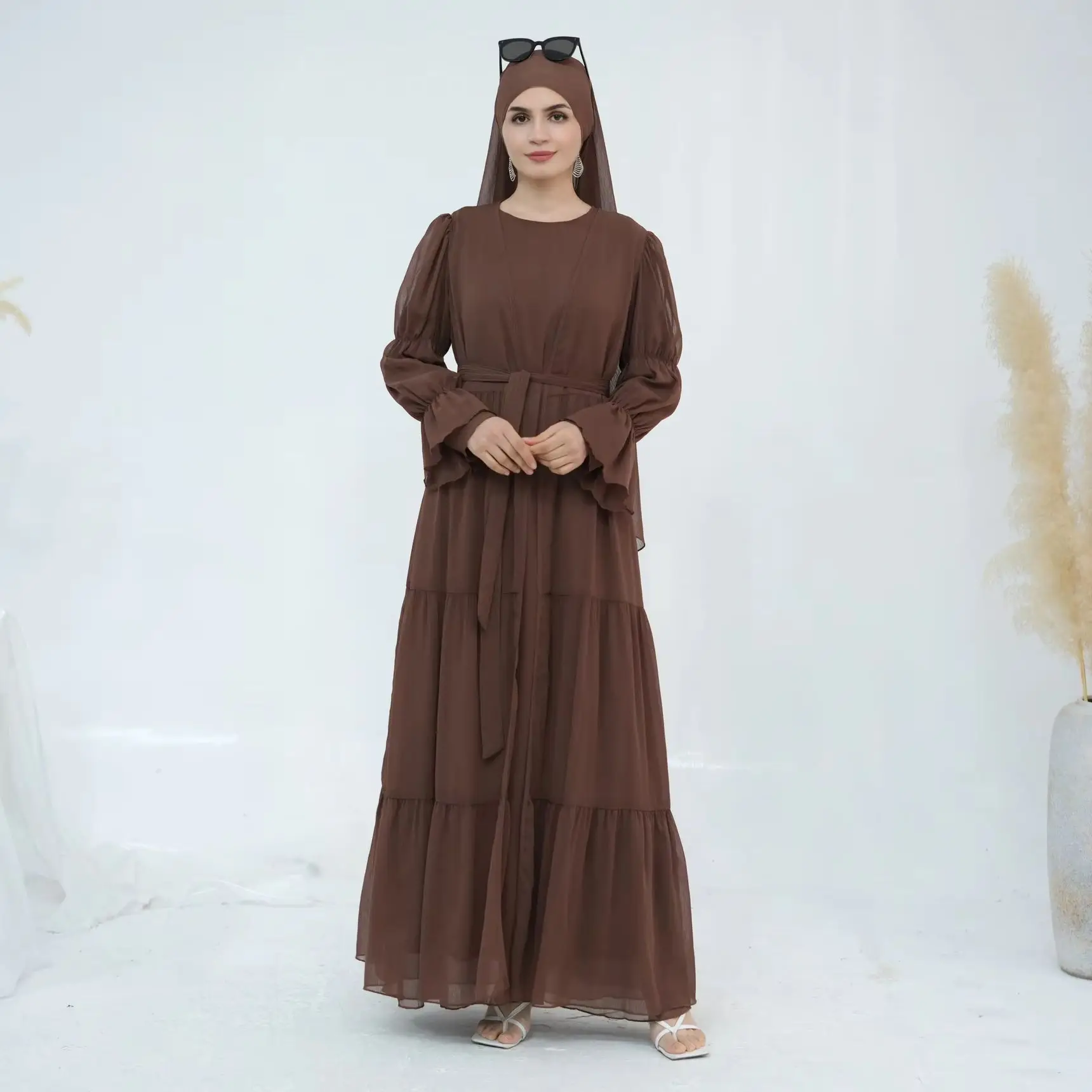 Sweet Hijabi Suit Chiffon Abaya Dress Set-Long Sleeves Lined Dress, Sheer Tiered Open Abaya, Ramadan Eid Party Muslim Women Sets