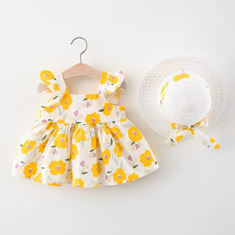 2 pezzi vestiti della neonata vestiti estivi moda coreana carino stampa fiori spiaggia principessa vestito + cappello da sole abiti da bambino