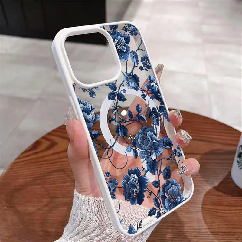 Luxury Vintage Blue Floral Magnetic Phone Case for iPhone 17 16 15 Pro Max 14 Plus 13 12 11 16 Pro 16E 17E Air Shockproof Cover - view 4