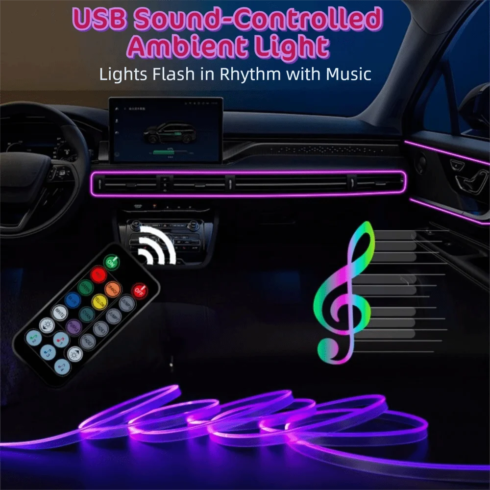 

Многоцветная RGB-подсветка для автомобиля, гибкая светодиодная лента с несколькими режимами, неоновая лента для салона автомобиля, голосовое управление, простая установка, световая панель для самостоятельной установки в авто.
