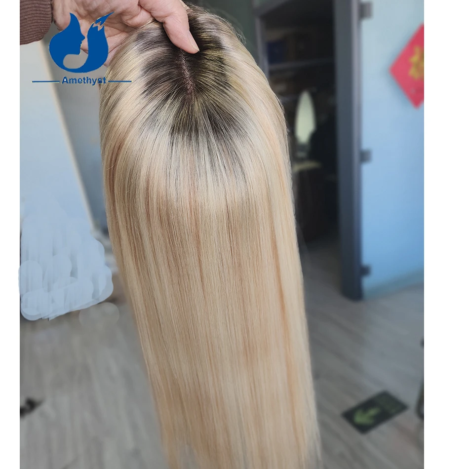 Amethyst Gerade Ombre Weibliche Seide Basis Haar Topper Clip In Europäischen Remy Haar Highlight Blonde Haarteile Reines Menschenhaar