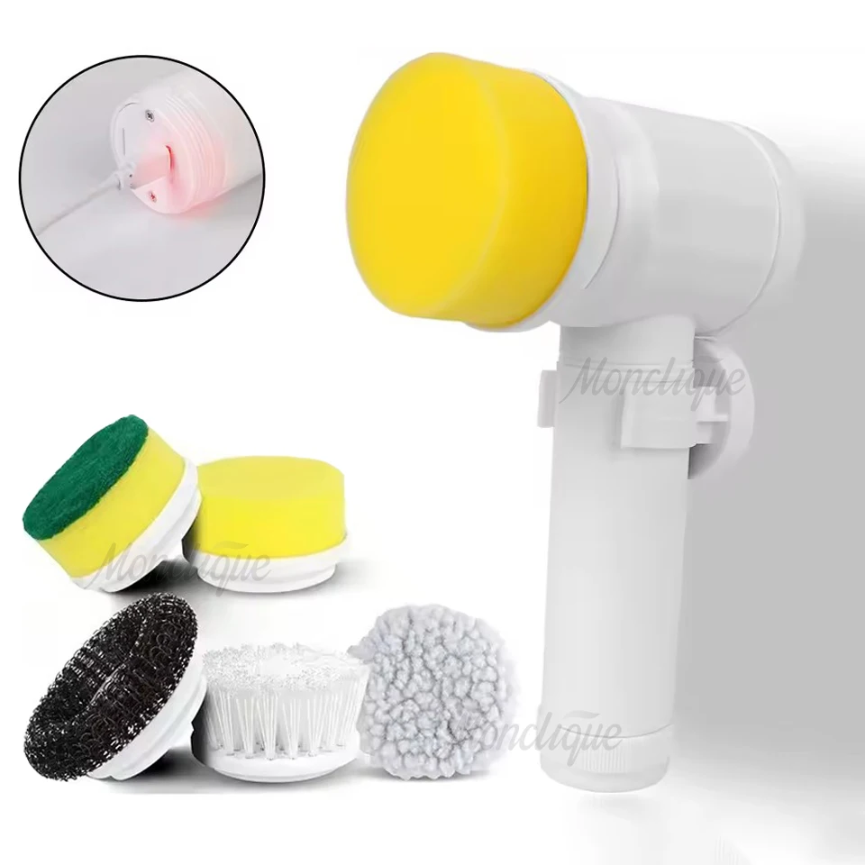 Handheld Electric Cleaning Brush 5-piece Set Replaceable Brush Head Bathroom Cleaning Brush Kitchen Cleaning Tools USB Charging