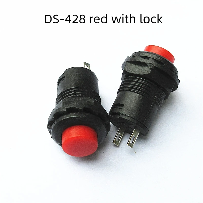 10pcs DS-428/427 round button switch with lock, self-locking, and self-resetting buttons in red, green, and yellow, 12MM