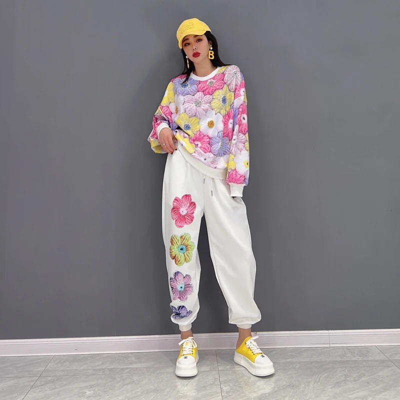 Spring and Autumn Pink Flowers Diamonds Tracksuit Women Two Piece Sprotwear Sets,Loose Sweatshirt and Pants