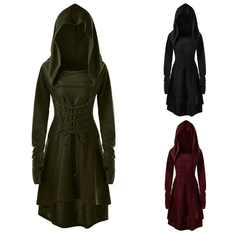 Vintage Damen Cosplay Mittelalter Renaissance Bogenschütze Kostüme Kapuzenrobe Schnürpullover Langes Hoodie Kleid Umhang Halloween Party