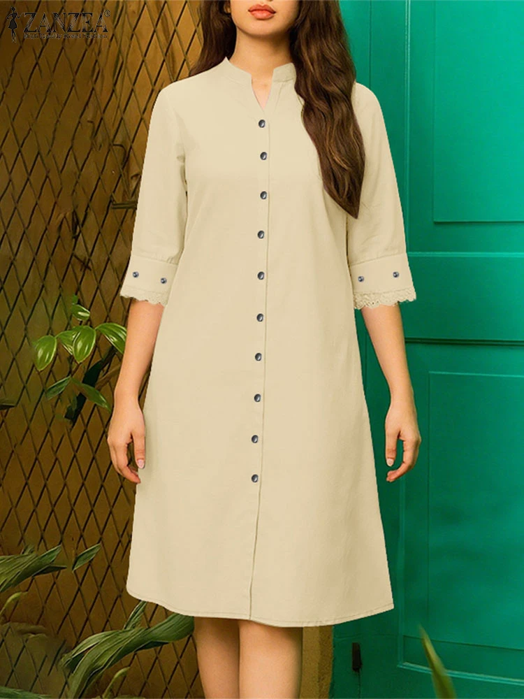 잔제아 패션 가을 셔츠 드레스 여성 2025 우아한 오피스룩 미디 드레스 V넥 3/4 소매 로브 캐주얼 버튼 다운 베스티도