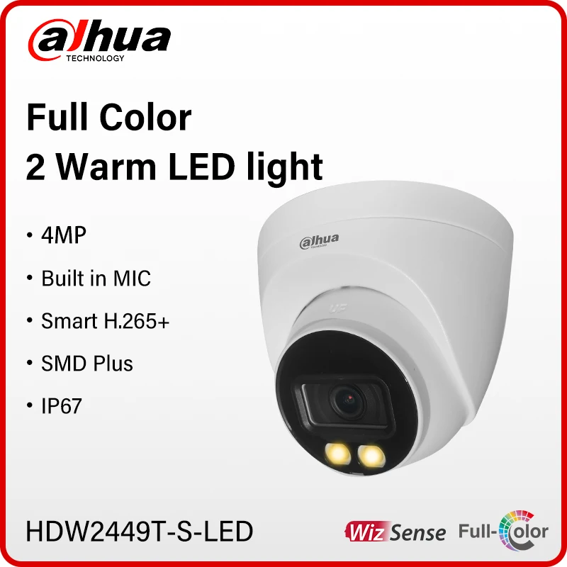 Dahua 4MP kamera Turret warna penuh kamera IP jaringan PoE luar ruangan deteksi manusia mikrofon bawaan dengan cahaya hangat HDW2449T-S-LED IPC