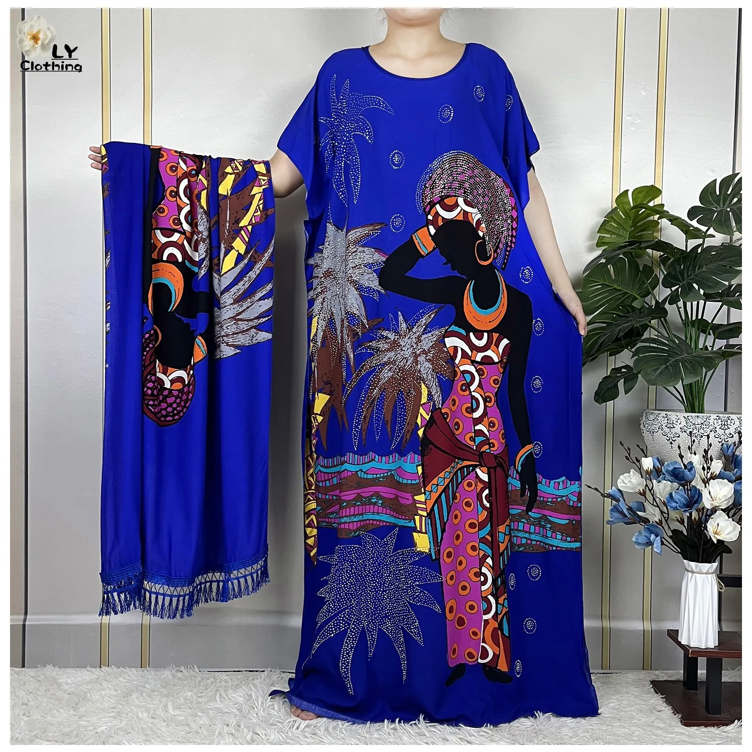 New African Abaya Summer Dress With Big Scarf Women Short Sleeve Dashiki Diamond Printed Floral Loose Cotton Maxi Islam Clothing