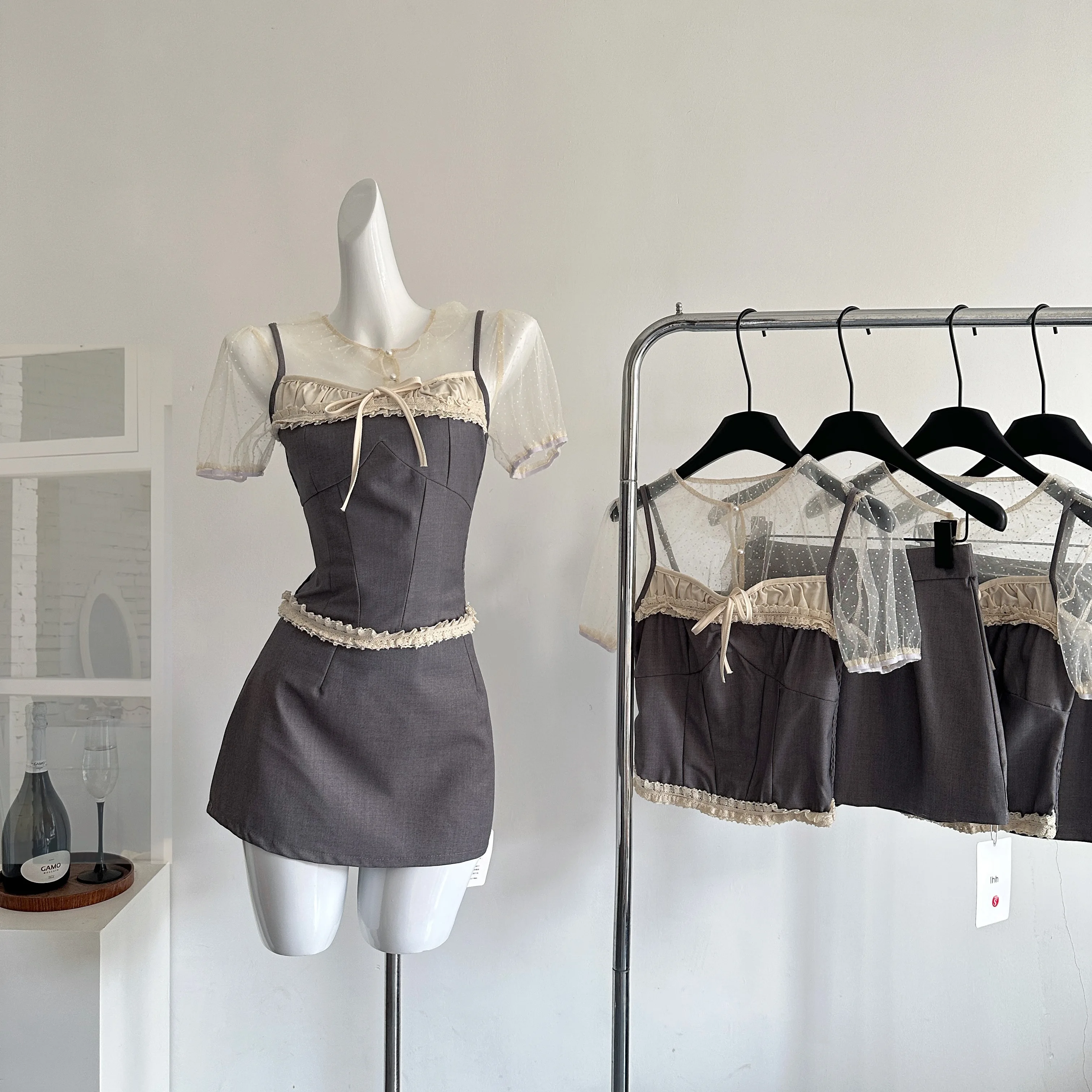 

Summer Women 2000s Aesthetic Vintage Coquette Outfits 3 Piece Set Camisole + Mesh Short Sleeve Crop Tops + High Waist Mini Skirt