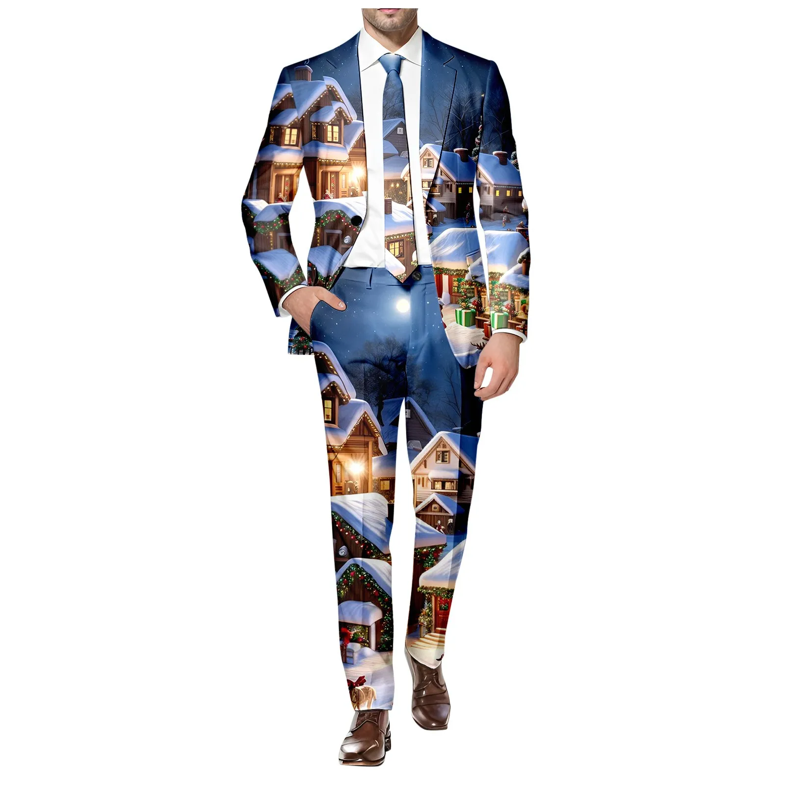 Cottage Print Christmas Suit Long Pants Set Men One Button Lapel Pocket Suit Slim Fit Business Casual Pants Two-Piece Suit