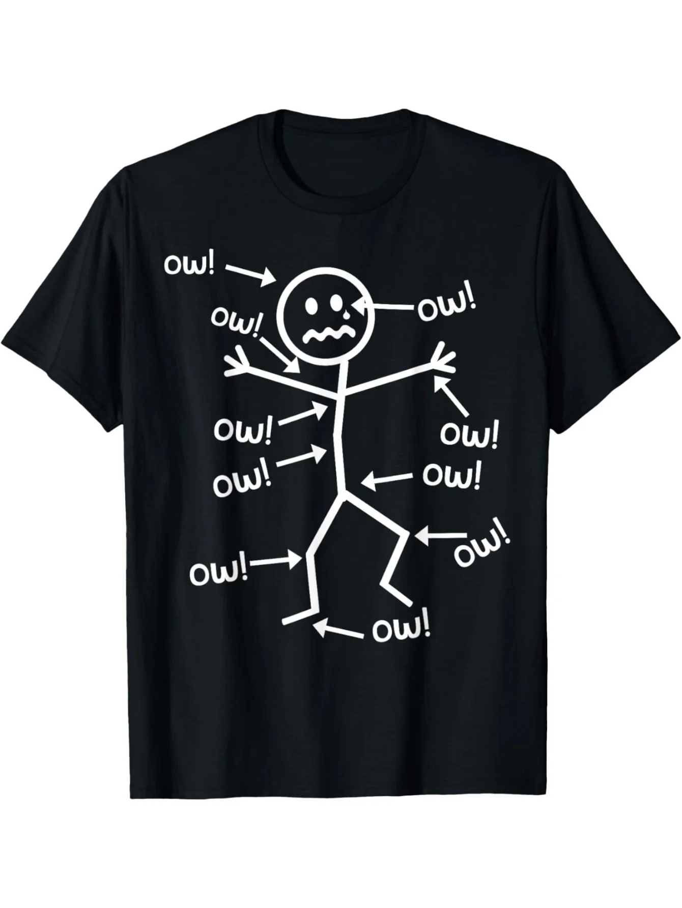 T-shirt graphique amusant Ow Ow Ow pour la sensibilisation à la douleur chronique, noir avec motif de dessin animé blanc, coupe classique, manches courtes, décontracté