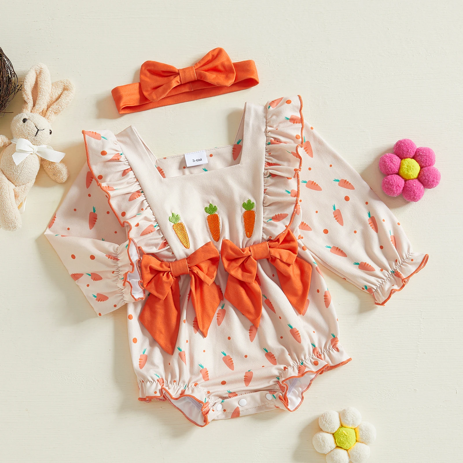 Baby Girls Easter Outfits Bows Bunny Print Carrot Letter Embroidery Long Sleeve Spring Romper with Bow Headband 2 Pcs Set