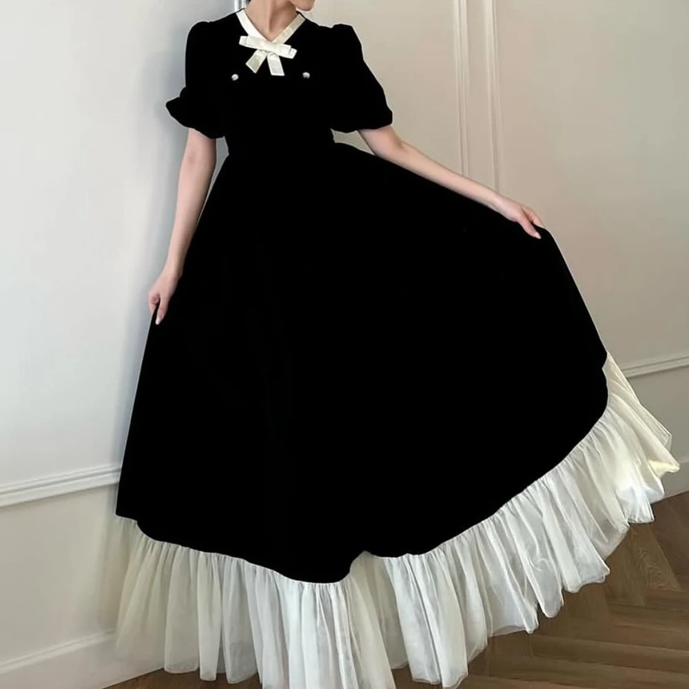 ชุดราตรีทรงเอไลน์แบบสั่งตัด ยาวกรอมพื้น คอวี แขนสั้น ชุดออกงานพรอม ดีไซน์โบว์เรียบง่าย ผ้าพลิ้ว ชุดลำลองสำหรับงานปาร์ตี้