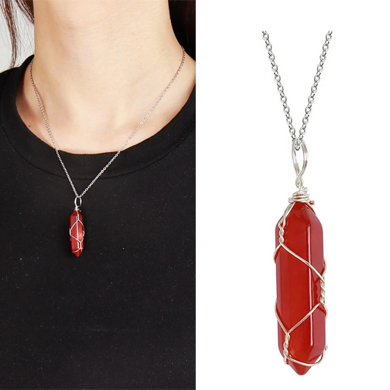 Elegant Hexagonal Prism Carnelian Necklace Positive Gemstone Pendant Spiral Wire Wrapped Red Agate Pendant Jewelry Gift Dropship