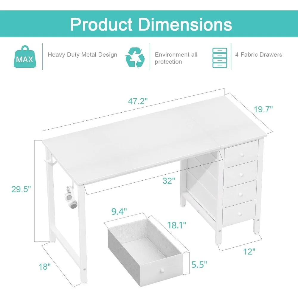 Escritorio blanco para ordenador con cajones, escritorio de escritura para trabajo de estudio de 47 pulgadas para el hogar, oficina, dormitorio, Simple, moderno, lindo, PC