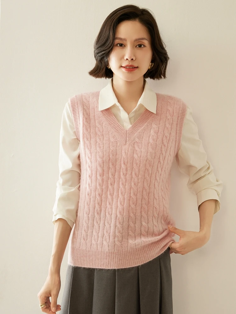 

V-neck 100% Cashmere Sweater Vest Women Autumn Winter Twist Flower Thickened Versatile Slim Cashmere sleeveless Knited Waistcoat