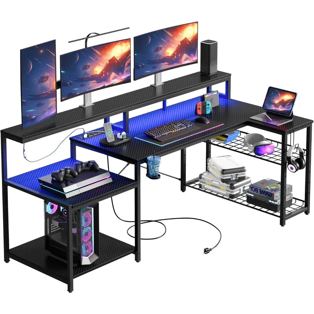 Gaming Desk with Power Outlet, 71.5 inch LED Computer Desk with Monitor Stand, L Shaped Large Desk with Metal Shelf