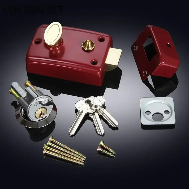 Retro Veiligheidsdeurslot Buitendeur Rood Anti-Diefstal Sloten Enkele Tong Verzekering Lockset Met Sleutel Voor Meubelhardware