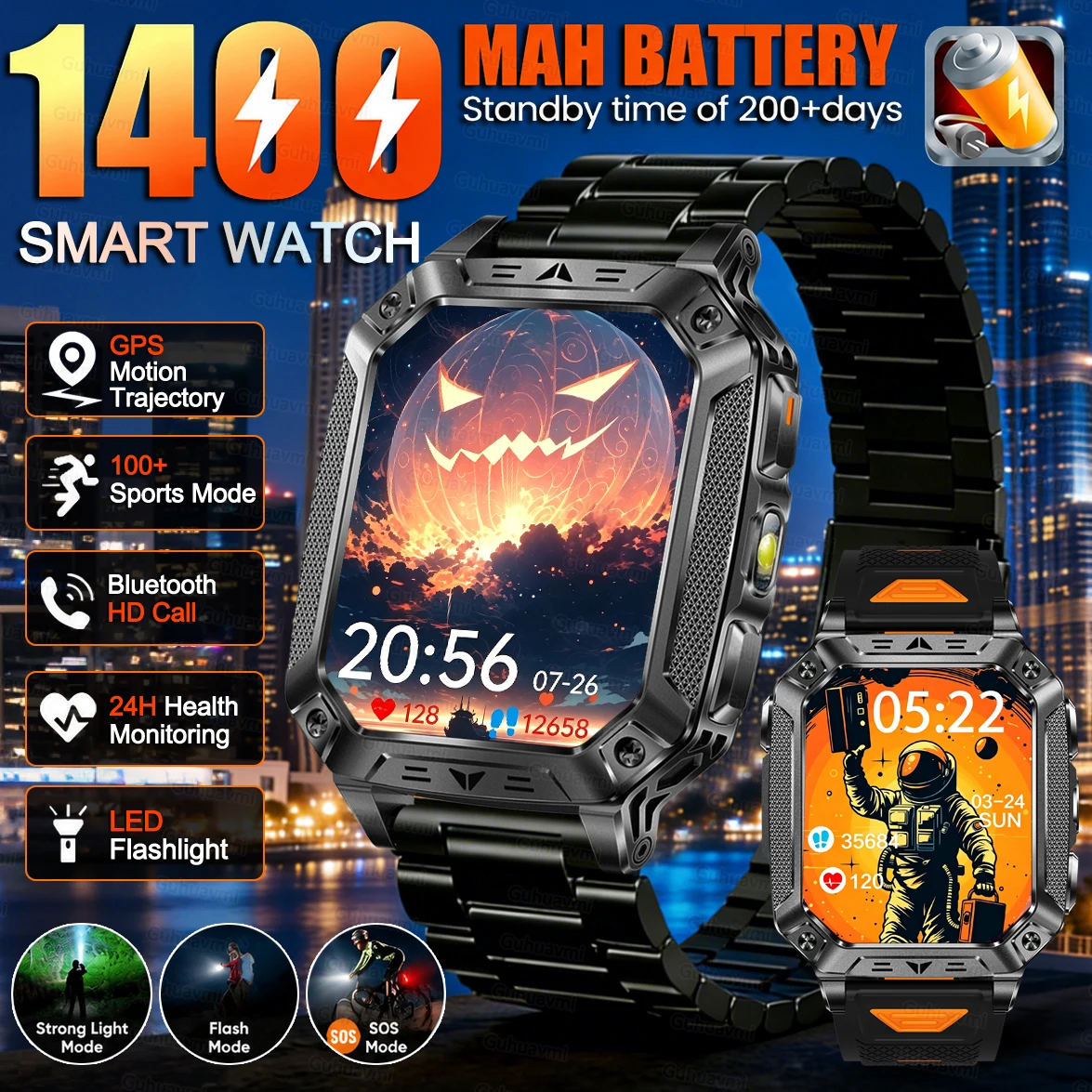 Nouvelle montre connectée avec écran AMOLED pour hommes et femmes, 1400 mAh, appels Bluetooth, assistant vocal IA, moniteur de santé, de sommeil et de SpO2, bracelet GPS, étanche, boussole, lampe de poche, suivi sportif et de fitness, bracelet noir et orange