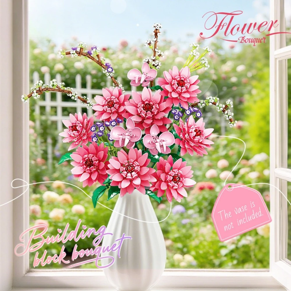 

MOC Exclusive Dahlia Pink Orchid Flower Bouquet Building Block Set Eternal Blossom Plant Floral Toys Birthday Holiday Xmas Gifts