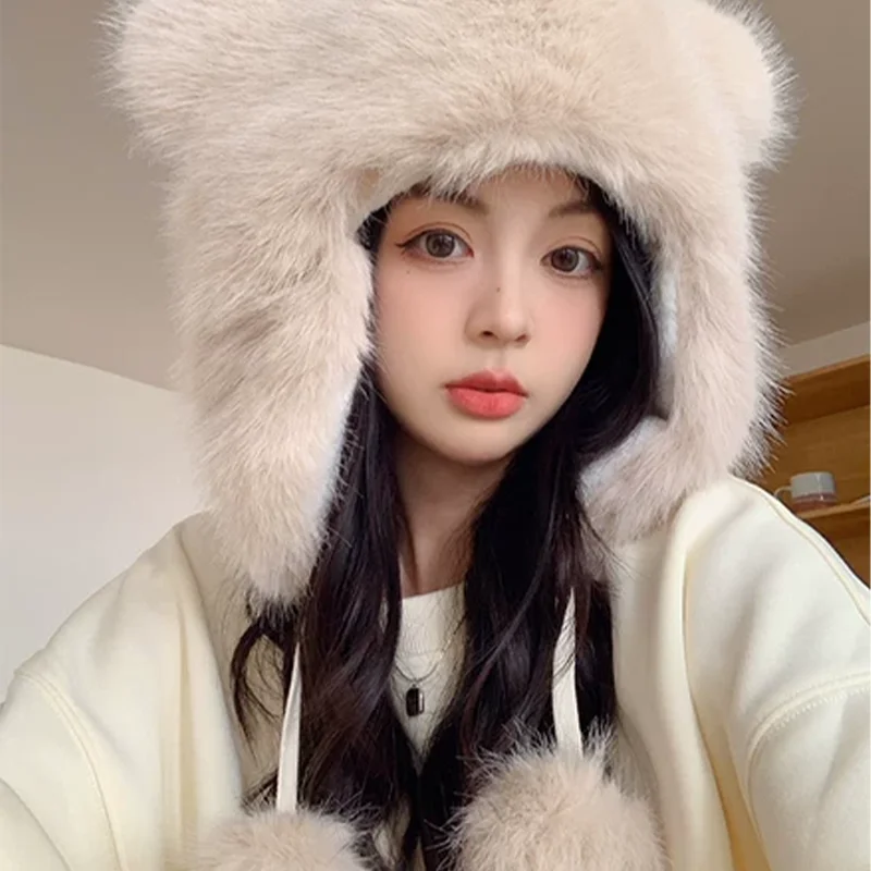 Women Winter Warm Imitation Fur Plush Bomber Hat Cute Thickened Ear Protection Hats Trendy Little Bear Tail Fashion Beanies Caps