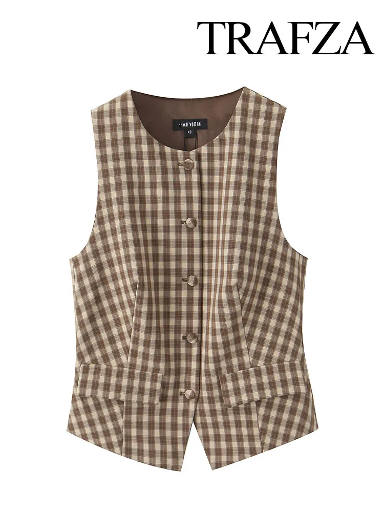 

TRAFZA Women Fashion O-Neck Single Breasted Pocket Decorate Vest Top Female Summer Sleeveless Plaid Slim Street Style Tank Tops