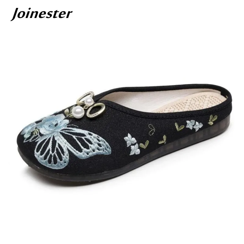 Embroidered Cotton Fabric Retro Slipper for Women Closed Toe Casual Summer Mules Ladies Non-skid Ethnic Slides Female Dance Shoe