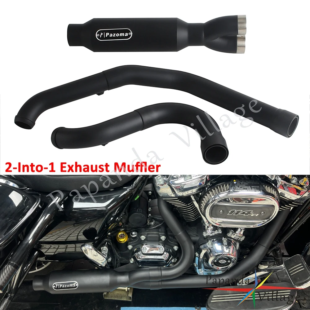 2-into-1 Full Complete Exhaust Mufflers Drag Pipe Slip On Muffler For Harley Glide Road King Street  Electra Road Glide 2017-25
