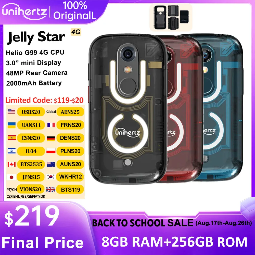 Unihertz Jelly Star Mini Smartphone Android 13 8 GB 256 GB LED-Licht entsperrt transparente Backshell-Handys 48 MP 3-Zoll-Telefon