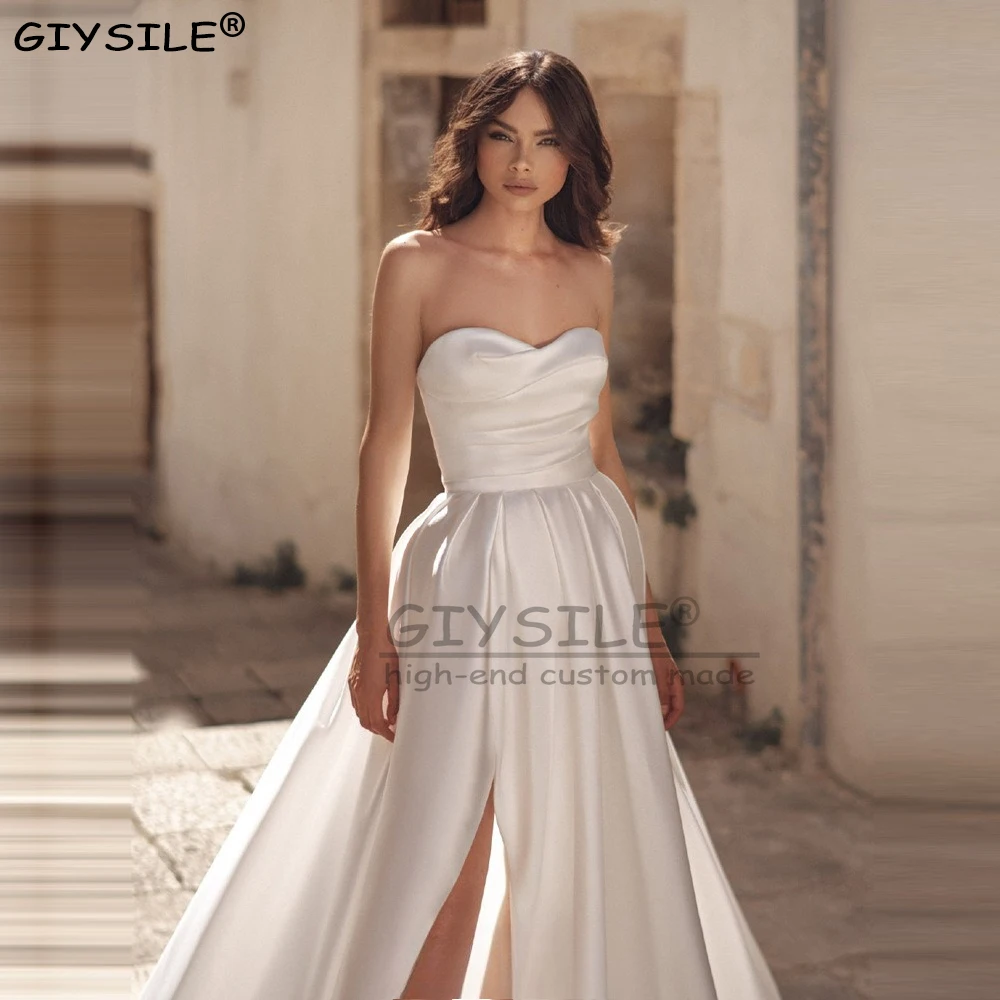 GIYSILE Personalizado 2025 Novos Vestidos de Casamento Luz de Cetim Francês Strapless Simples e Pequena Cauda Sessão de Fotos Vestidos de Noite Formais