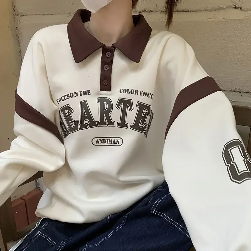 Versione coreana lettera minimalista stile College maglione con collo a Polo a contrasto per donna Ins autunno giacca con risvolto allentato abbigliamento