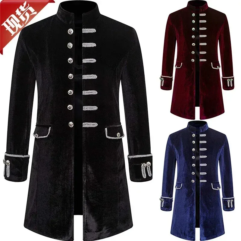 

Men's solid color fashion steampunk retro velvet uniform standing collar coat