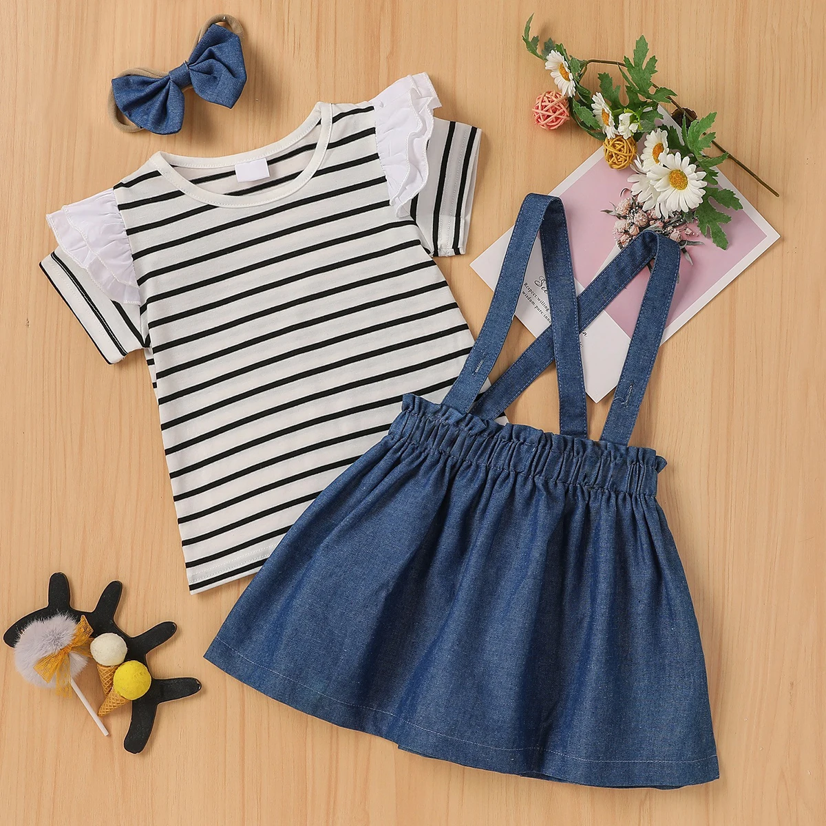 Baby Children\'s Denim Summer Striped Short Sleeved Suspender Skirt Suit Headband