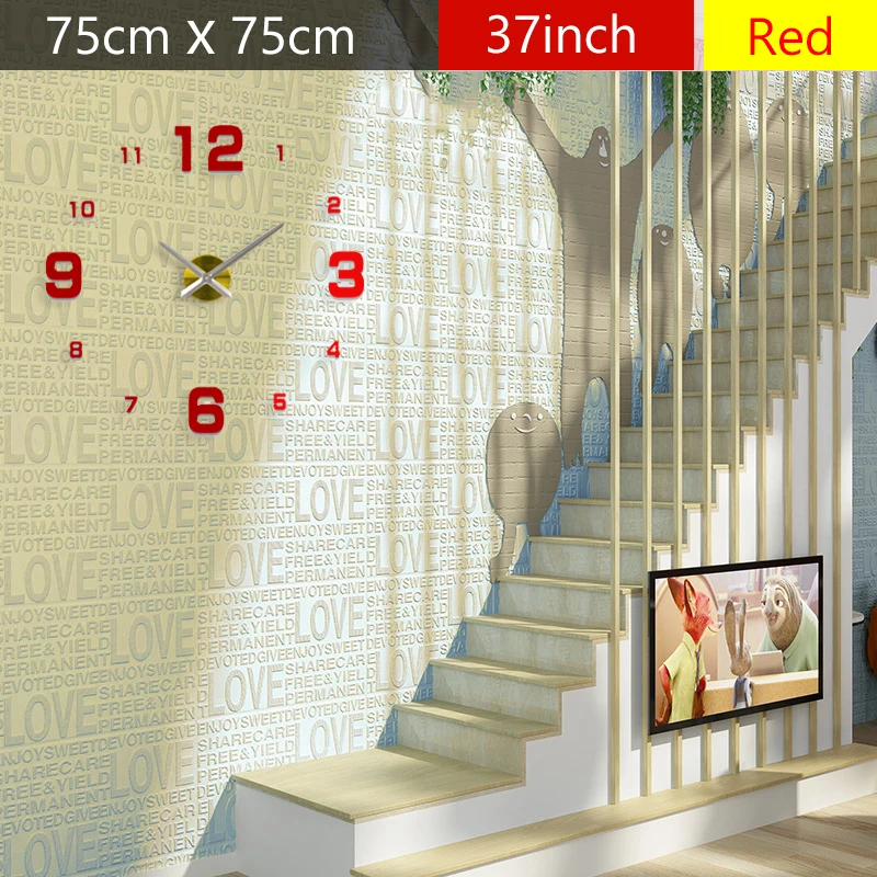 Fashion 3D Red big size wall clock mirror sticker DIY wall clocks home decoration large wall clock