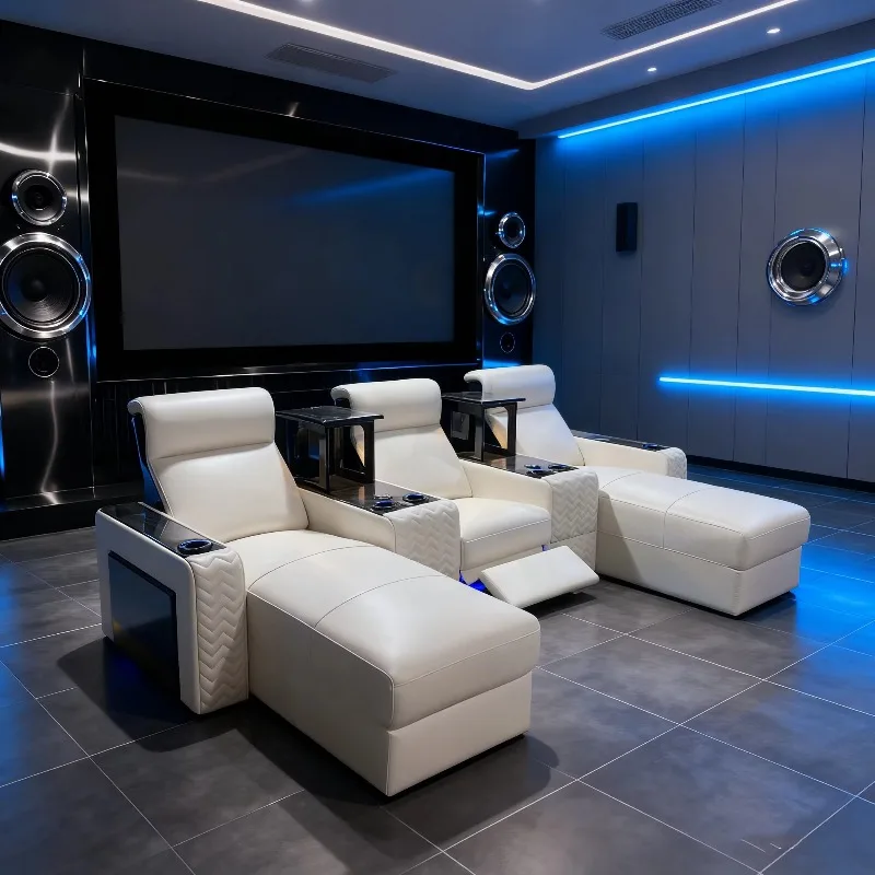 White Leather Reclining Sofa Lounge Chaise Villa Media Room VIP Power Recliner Chaise Theater Furniture Movie Chairs Seats