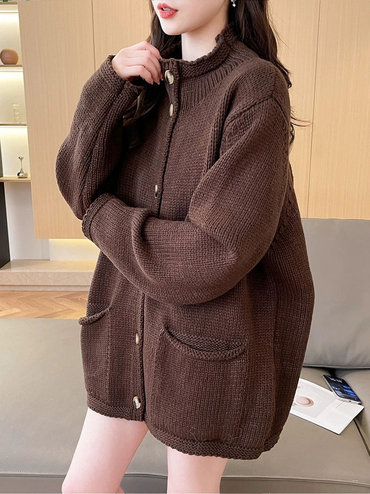 

Вязаный кардиган Laid-ba Sle в стиле ретро, женский, осенне-зимний, новый, корейский, свободный, повседневный, с воротником-стойкой, свитер-пальто