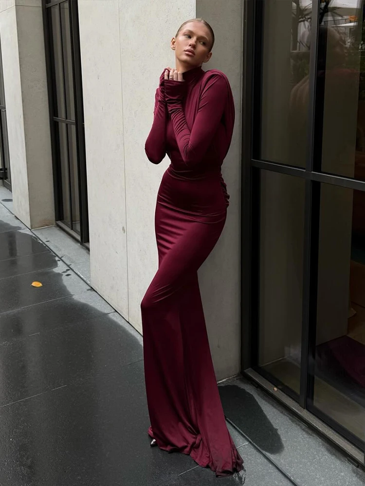 Estranho gato elegante sem costas vestido feminino manga cheia 2026 primavera tendência clássico sexy estiramento magro noite baile de formatura festa maxi bodycon