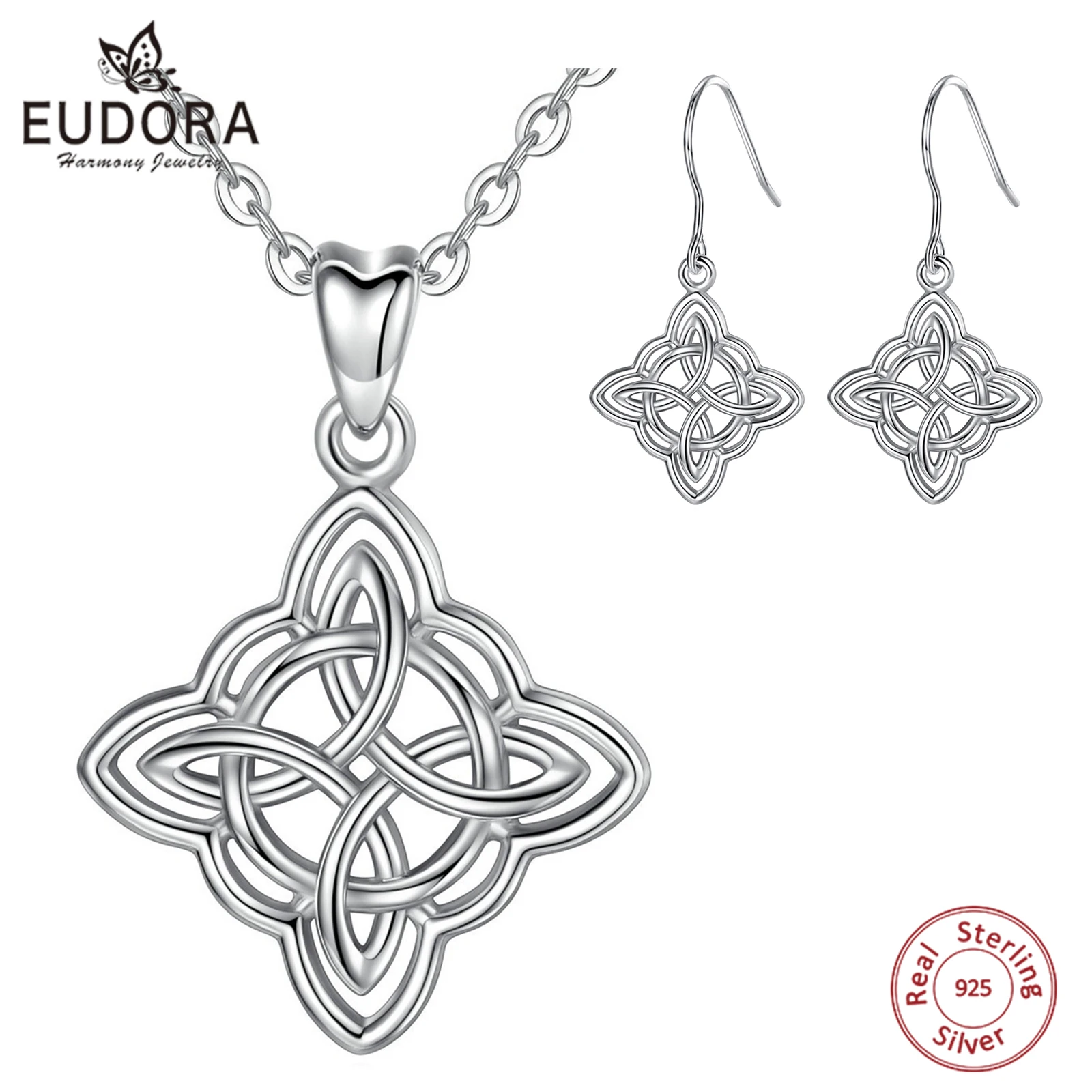 Eudora 925 Sterling Silver Witch Knot Earrings & Necklace for Women Wicca Irish Celtic Knot Necklace Witchcraft Jewelry Gift