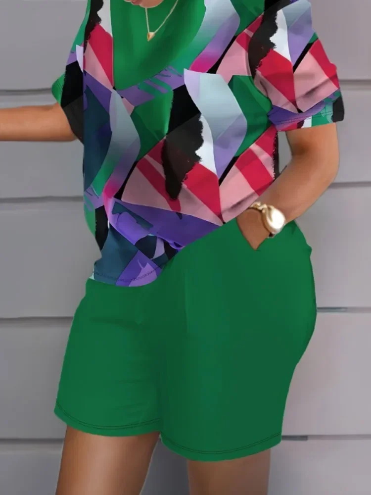 Plus Size 1XL-5XL Women Casual Loose Short Sleeve Tshirt Shorts Set Fashion O-neck Colorful Print Two Piece Set Women Outfit
