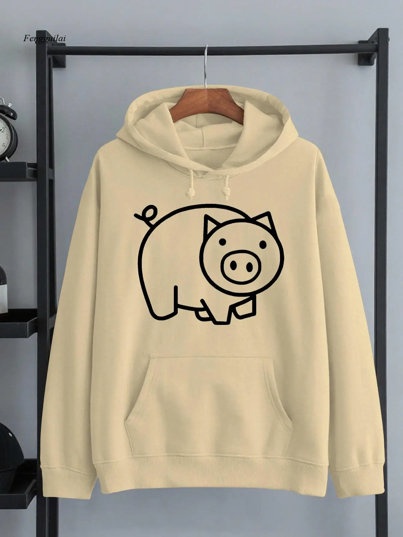 Pig New Fashionable Clothing | American Trendy Street Style Printed Autumn And Winter Velvet Warm Sweatshirt Hooded Pullover