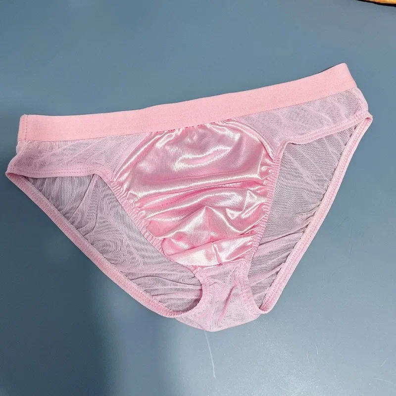 لامعة الرجال شبكة ملخصات كيس مزموم السراويل لون الحلوى بيكيني Hombre سراويل منخفضة الخصر مريحة رجل ملابس داخلية مرنة بحر