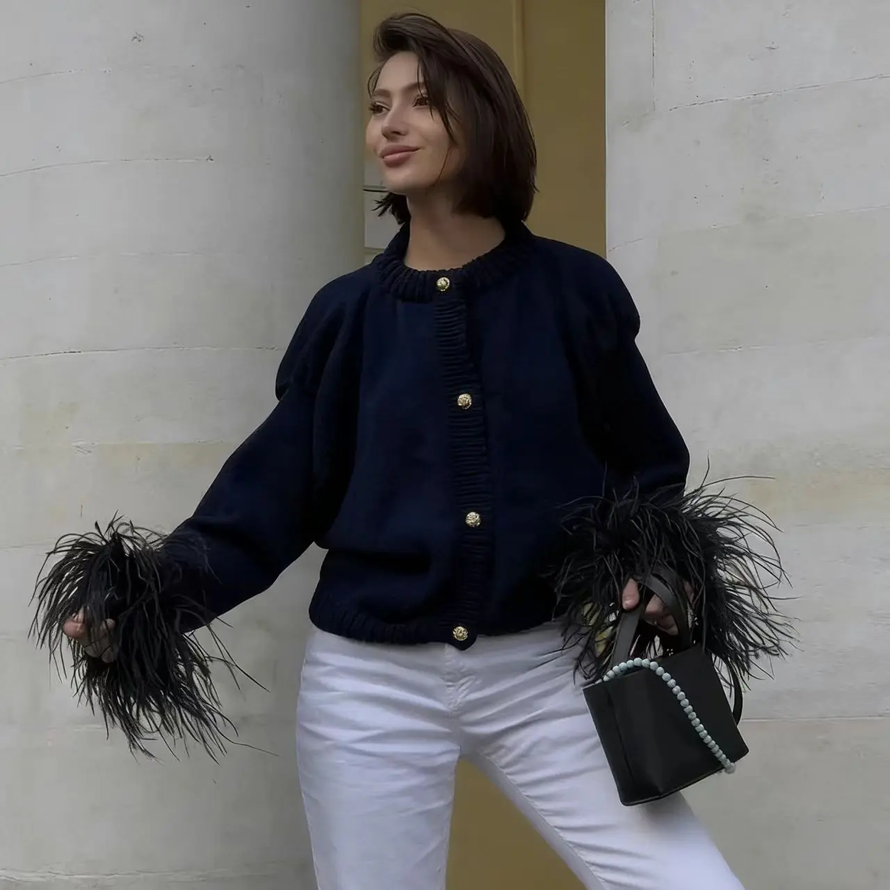 

American Navy Blue Tassel Personalized Button Fashion Patchwork Knitted Cardigan Women's Fashion Single Breasted Knitted Sweater