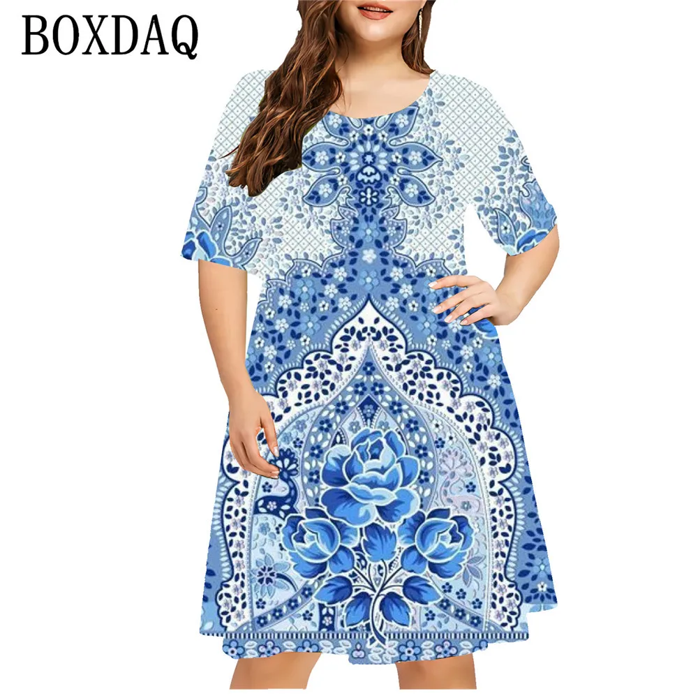 6XL Plus Size Dresses Women Blue Flower 3D Print Dress Loose Sundress Vintage Clothes Casual O-Neck Short Sleeve Dress 2024 New