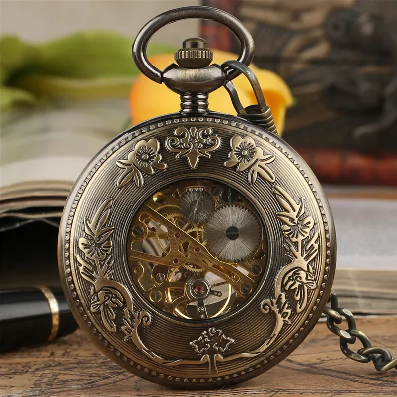 Bronze Skeleton Mechanical Hand Winding Pocket Watch for Men Women Roman Numerals Display Half Hunter Pendant Chain Timepiece